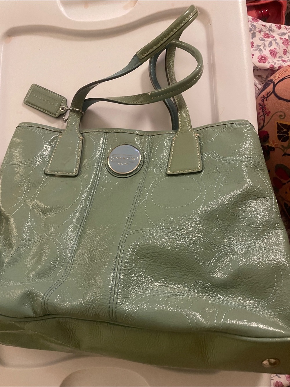 Coach Patent Leather Tote in Sage Green